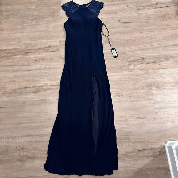 Faviana Women's Lace Shoulder Gown Size 6 Navy‎ Blue Thigh Slit High Neck - Picture 2 of 12